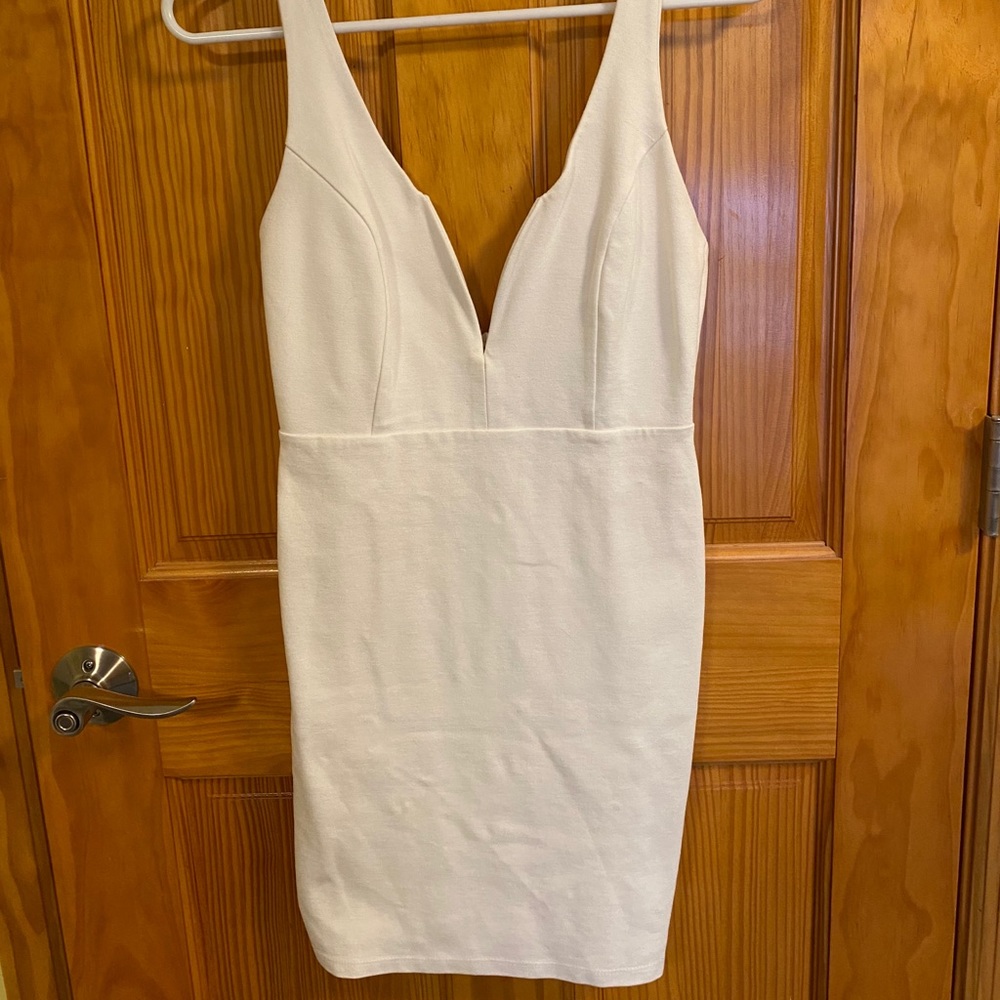 Lulu’s white bodycon dress, bachelorette dress